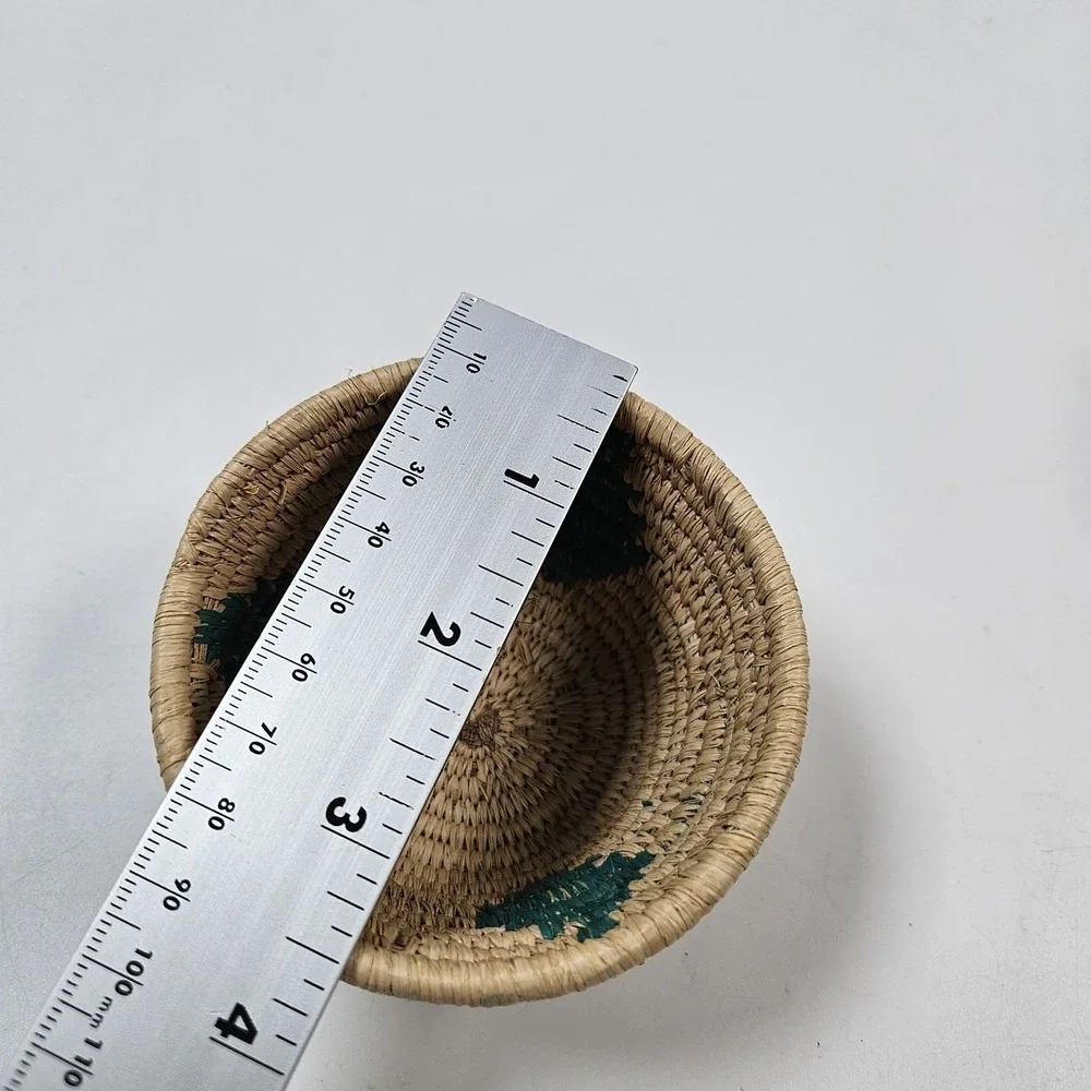 Lidded Basket Small Beige Green‎ Handwoven Boho Trinket Dish Decor Lid Tutsi
